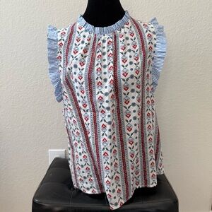 THML Striped and Floral Ruffle Sleeve Blouse